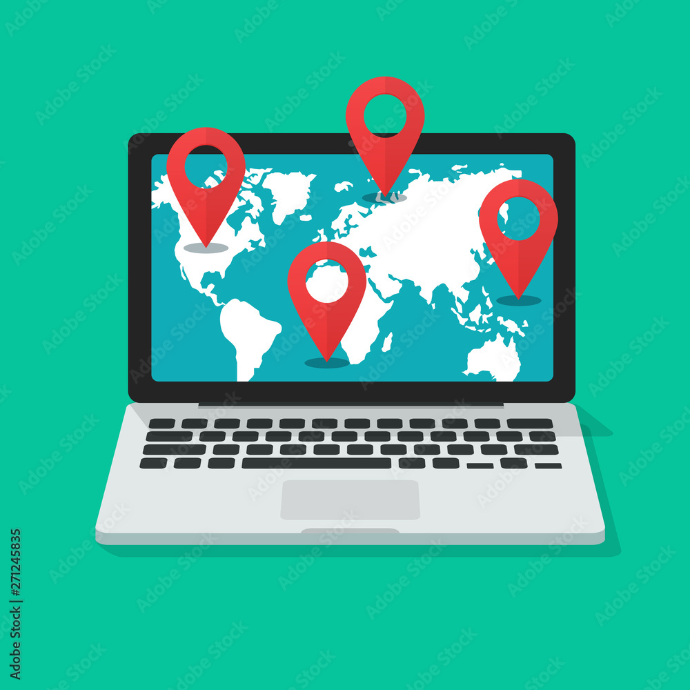 Global international destination or navigation online vector illustration,  flat cartoon laptop computer with world map and pin pointers, global earth  gps locations or logistic routines Stock Vector | Adobe Stock