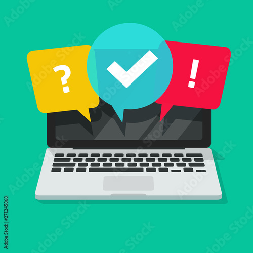 Quiz or exam online on computer screen vector illustration, flat cartoon laptop with questionnaire symbol, concept of internet survey or question test clipart