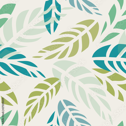 Stylized leaf shapes seamless pattern in shades of green and blue on a light background. Great all over print for textiles  bedding  home decor  wallpaper  fashion  stationery and wrapping paper.
