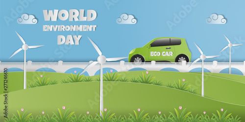 Paper art of World environment day with  wind turbine fields, recycling bins and eco car. GO GREEN SAVE THE WORLD concept