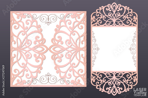 Laser cut wedding invitation card template vector. Cutout paper gate fold card for laser cutting or die cutting template. Wedding invitation mockup. Suitable for greeting cards, invitations, menus.