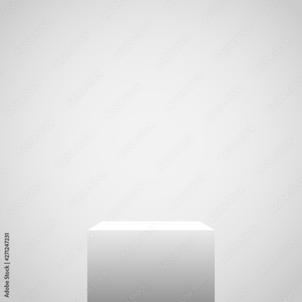 Empty cube pedestal spotlight on white BG template for web design or advertising presentation Empty cube pedestal spotlight on white BG template for web design or advertising presentation