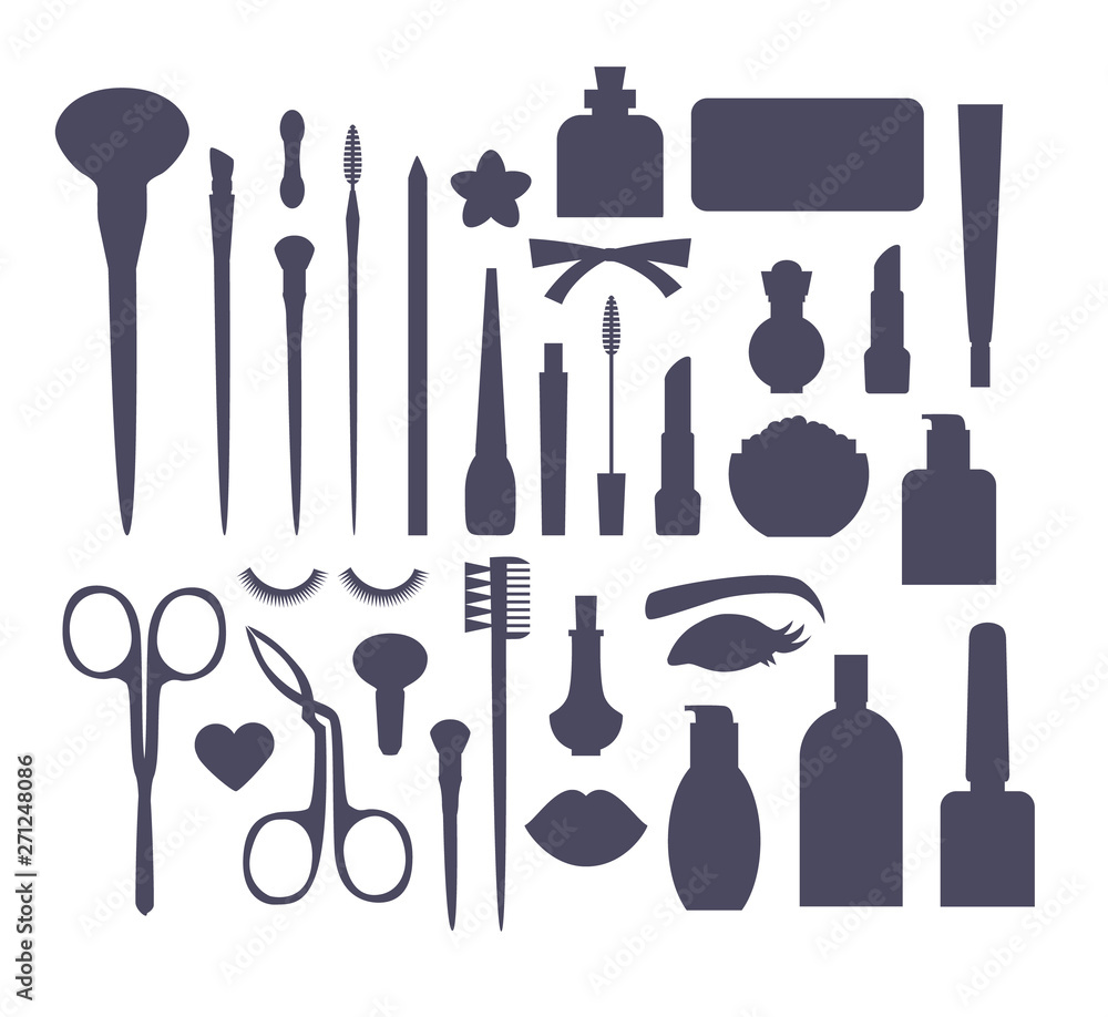 Make Up and Decorative Cosmetics Flat Set. Brusies, Eye Shadows, Lipstics, Nail Polish, Powder, Mascara, Perfume and Tweezers. Make Up and Decorative Cosmetics Flat Set. Brusies, Eye Shadows, Lipstics, Nail Polish, Powder, Mascara, Perfume and Tweezers.
