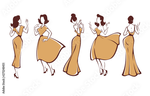 new look girls, vector collection of girls in retro style dresses for logo, labels, emblems