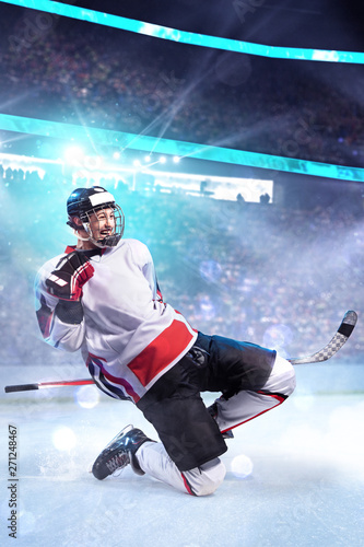Photography Hockey player celebrate goal. He very happy