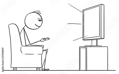 Vector cartoon stick figure drawing conceptual illustration of man sitting in armchair and enjoying watching entertainment on TV or television.