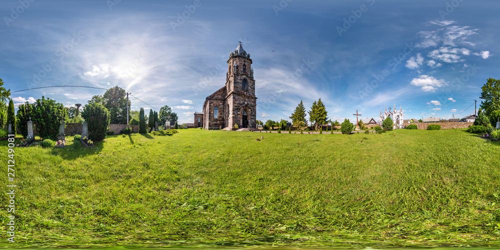 Full seamless hdri panorama 360 degrees angle view facade of church in beautiful decorative medieval neo gothic style architecture in small village in equirectangular spherical projection. vr content