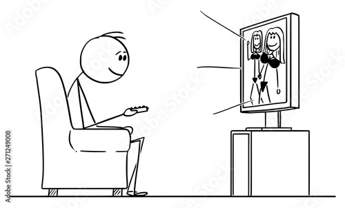 Vector cartoon stick figure drawing conceptual illustration of man sitting in armchair and enjoying watching women in lingerie or pornography or porn on TV or television.