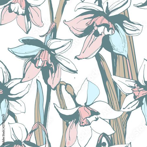 Floral flower narcissus daffodil seamless hand drawn pattern textured background