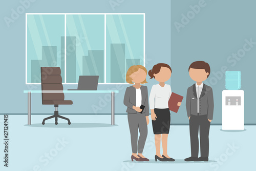 Office workers standing and talking to each other in office. Vector illustration.