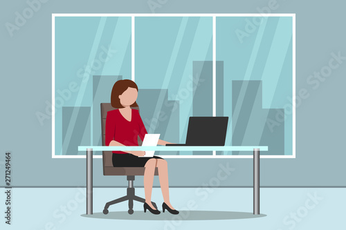 Caucasian woman sitting at table and working on laptop. Office routine. Vector illustration.