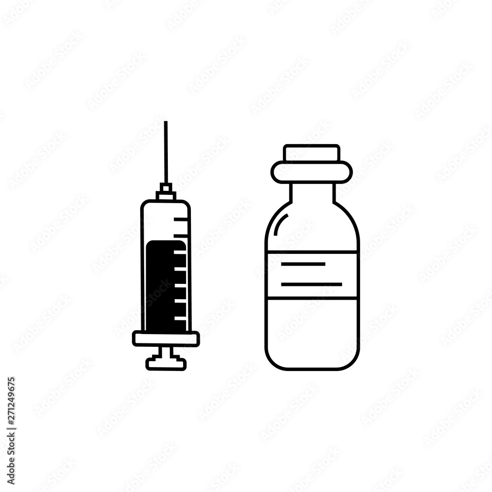 Injection vector icon, dose of the drug, syringe and vial on white background Injection vector icon, dose of the drug, syringe and vial on white background