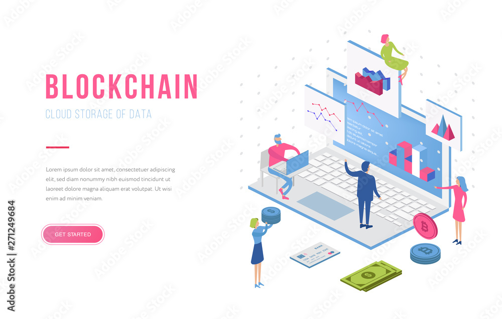 Blockchain modern flat design isometric landing page template. Cryptocurrency and people concept. Landing page template. Conceptual isometric vector illustration for web and graphic design.