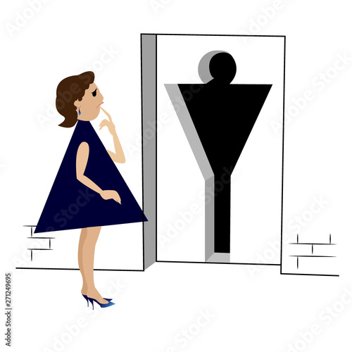 Confused woman in front of man entrance