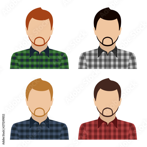 Bearded Caucasian man in checkered shirt. Set of abstract male avatars. Vector.