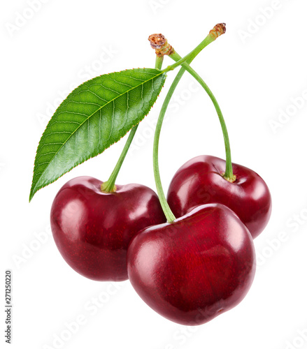 Cherry isolated. Cherries on white. Cherries with leaf. With clipping path.