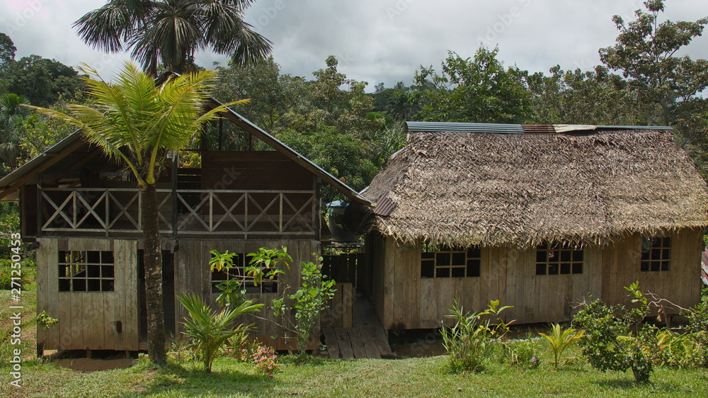 Wooden house in Puerto Narino at Amazonas river in Colombia