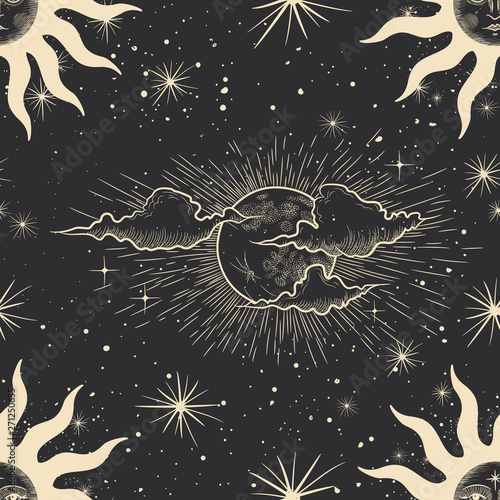 Vector illustration set of moon phases. Different stages of moonlight activity in vintage engraving style. Zodiac Signs