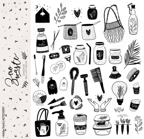 Zero waste life set. Glass jar and cutlery, eco grocery bag, toothbrush, natural cosmetic, menstrual cup, thermo mug. Vector. Trendy hand drawn black and white illustration in scandinavian style. 