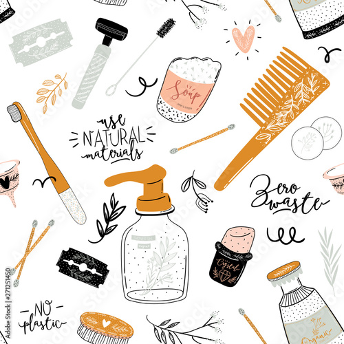 Zero waste life seamless pattern. Glass jar and cutlery, eco grocery bag, toothbrush, natural cosmetic, menstrual cup, thermo mug. Vector. Trendy hand drawn illustration in scandinavian style. 