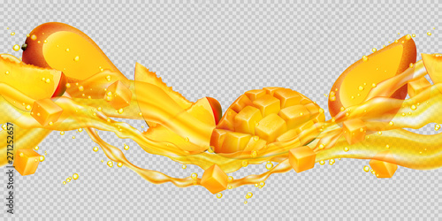 Transparent juice splash with mango. Horizontal splashes pattern and fruit mango. The right and left sides of the illustration seamlessly fit together. Realistic vector illustration.