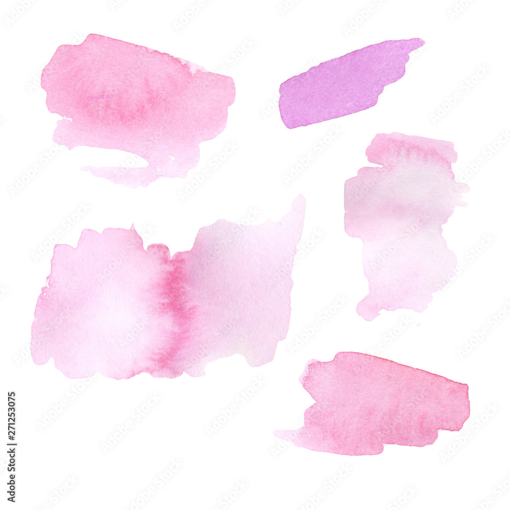 Illustration of watercolor gently pink stains brushstrokes on a white background. for design, cards