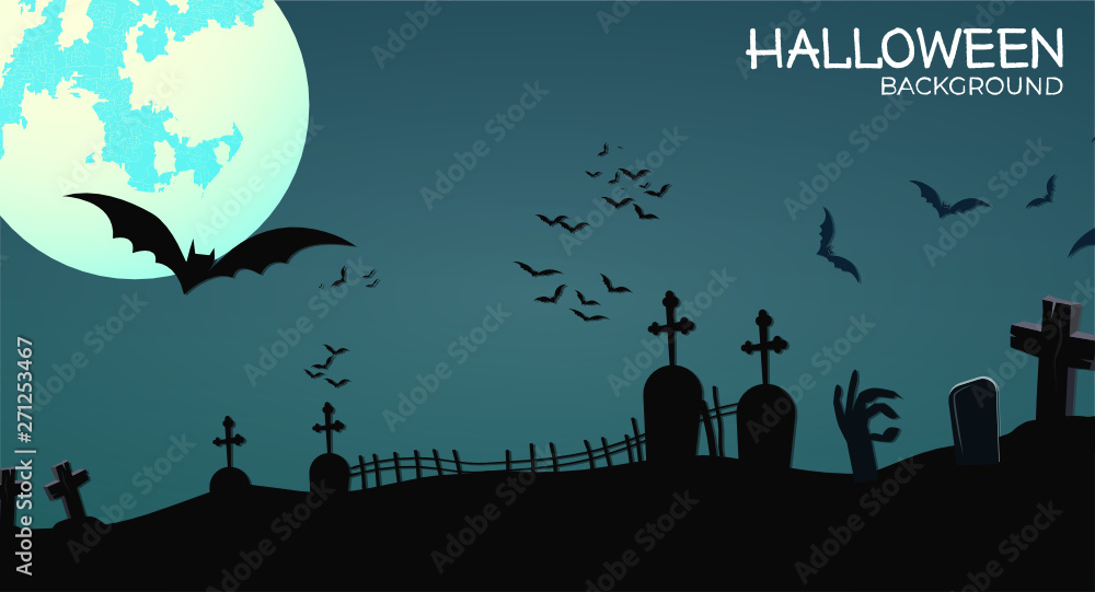 Scary Halloween background scene with tombstone and full moon