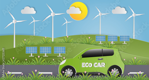 Paper art style of Wind turbine fields, solar cell with ego car. GO GREEN SAVE THE WORLD concept