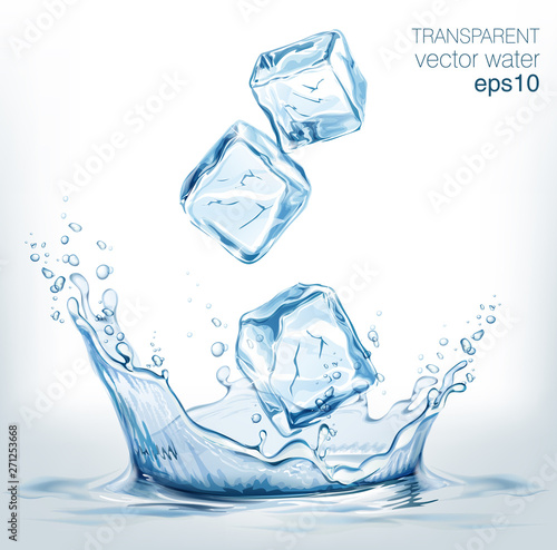 Transparent vector water splash and transparent blue vector ice cubes on light background