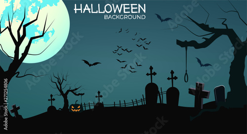 A spooky scary blue Halloween background scene with full moon, clouds, hill and scary tree