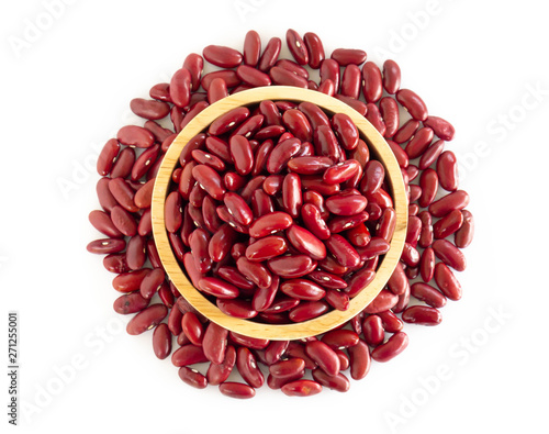 Red kidney beans in wood bowl isolated on white background, healthy food concept