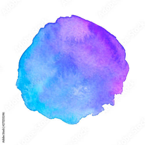 Isolated watercolor stain of purple, pink and light blue colors. Watecolor blot background. Hand drawn backdrop