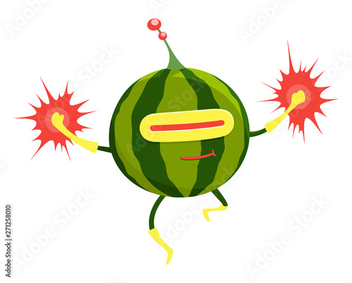 Funny cartoon superhero watermelon character, humanized fruit sticker or poster. Flying hero. Healthy vegan and vegetarian food comic character.