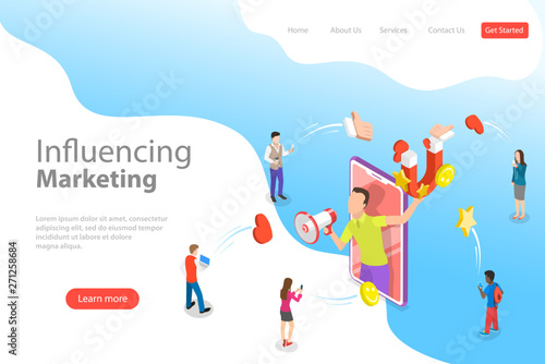 Isometric flat vector landing page template of social media influencer, digital marketing strategy, promotional advertising campaign.
