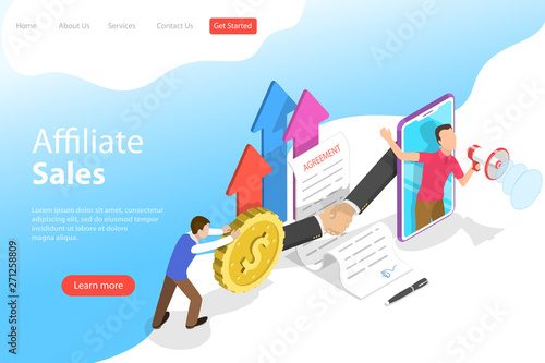 Isometric flat vector landing page template of affiliate sales, marketing strategy, referral program, partnership agreement.