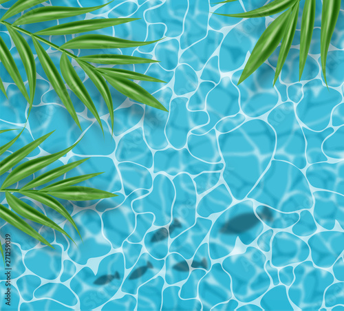 Blue water Vector realistic. Summer sea party poster template. Tropic palm leaves and fish silhouettes swimming backgrounds