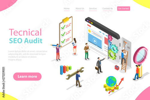 Isometric flat vector landing page template of technical SEO audit, search engine strategy, content marketing, website development.