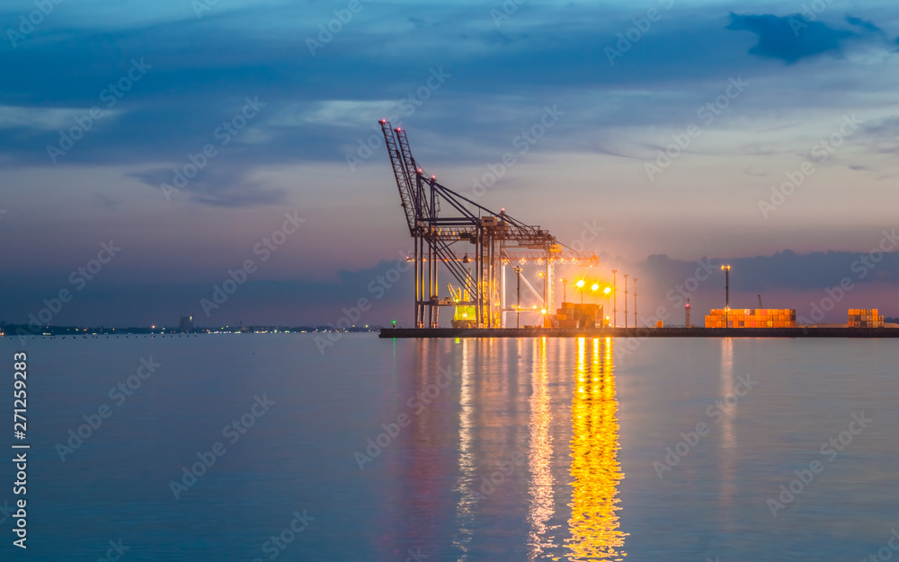 Night view of the container terminal. Commercial port, City Odessa, Ukraine, June 2019. Night Lights.