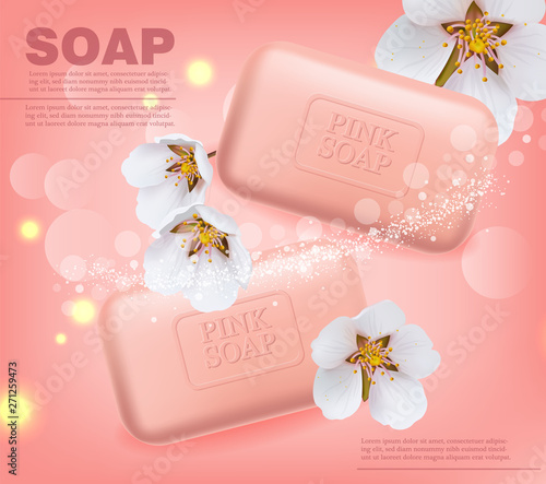 Soap Vector realistic mock up. Product placement label design. cherry blossom...