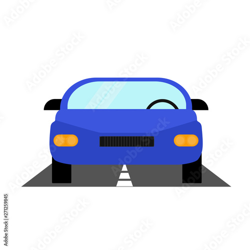 Car on asphalt road. Front of vehicle. Vector colorful flat icon, illustration.