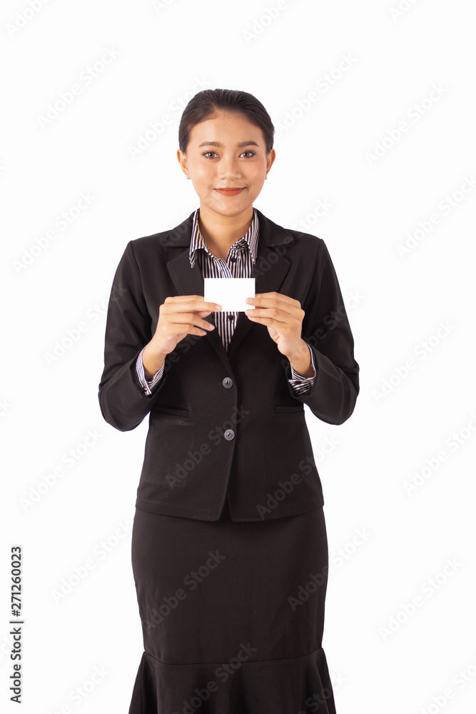 Portrait asian beauty business woman isolated white background.female holding blank card Portrait asian beauty business woman isolated white background.female holding blank card