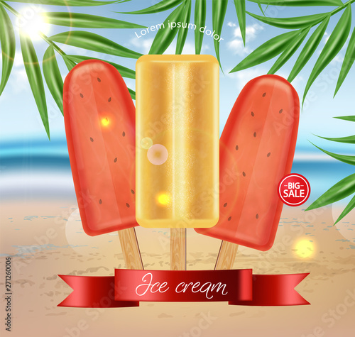 Watermelon ice cream Vector realistic. Tropic seaside background. Organic nat...