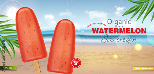 Watermelon ice cream Vector realistic. Tropic seaside background. Organic nat...