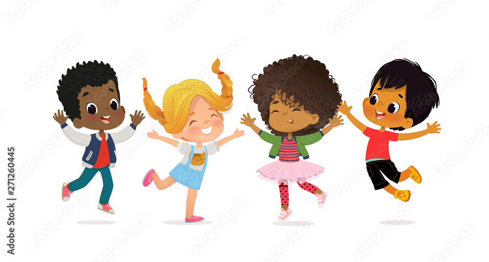Multiracial school kids. Boys and girls are playing together happily jump. Kids Play at the grass. The concept is fun and vibrant moments of childhood. Vector illustrations Multiracial school kids. Boys and girls are playing together happily jump. Kids Play at the grass. The concept is fun and vibrant moments of childhood. Vector illustrations