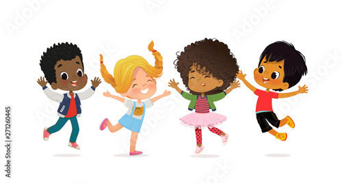 Multiracial school kids. Boys and girls are playing together happily jump. Kids Play at the grass. The concept is fun and vibrant moments of childhood. Vector illustrations