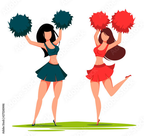 Two cheerleader women with pom poms