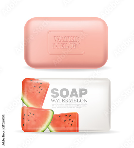 Soap or lotion watermelon flavor Vector realistic mock up. Product placement ...