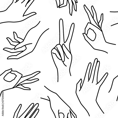 Woman's hand line black and white seamless pattern. Vector endless background of female hands