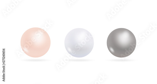 Set of realistic shiny natural rose, white and black pearl ball on white background. Vector luxury accessory, jewelry  decoration symbol.