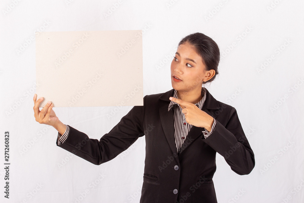 Portrait asian beauty business woman isolated white background.female holding blank card Portrait asian beauty business woman isolated white background.female holding blank card